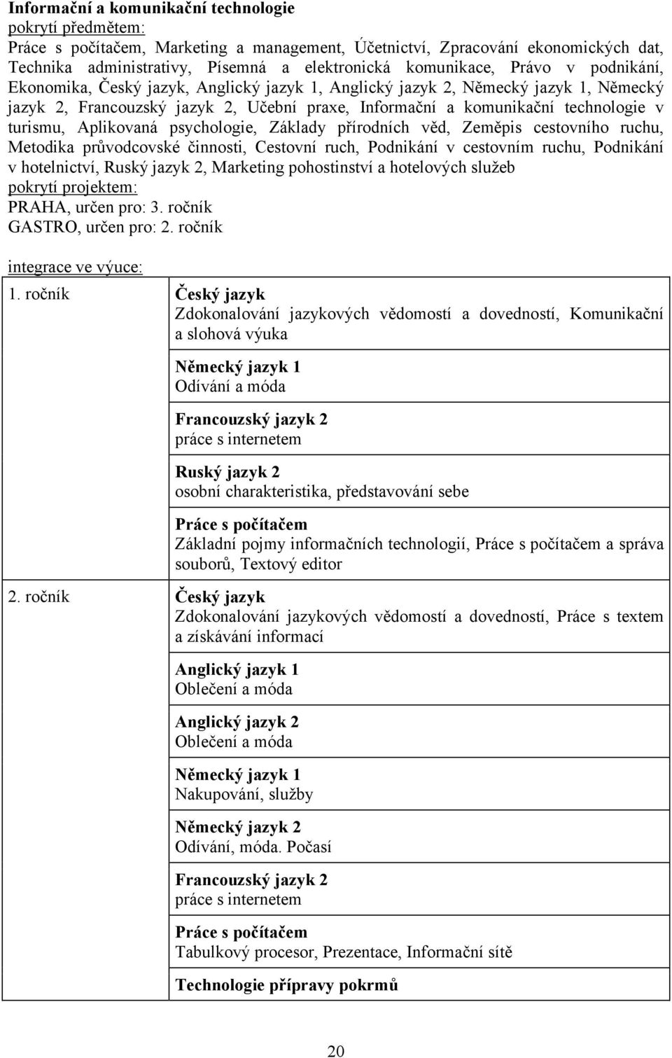 Aplikovaná psychologie, Základy přírodních věd, Zeměpis cestovního ruchu, Metodika průvodcovské činnosti, Cestovní ruch, Podnikání v cestovním ruchu, Podnikání v hotelnictví, Ruský jazyk 2, Marketing