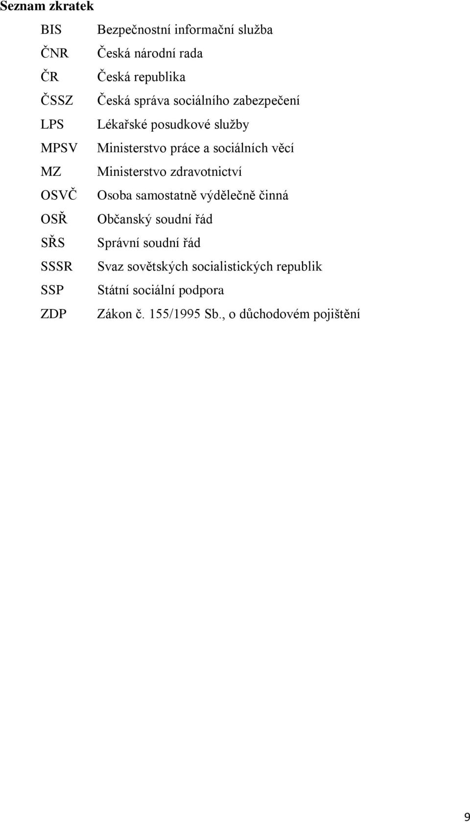 zdravotnictví OSVČ Osoba samostatně výdělečně činná OSŘ Občanský soudní řád SŘS Správní soudní řád SSSR Svaz