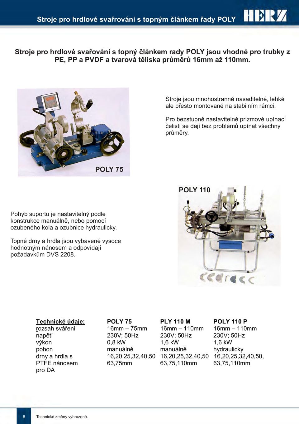 POLY 75 POLY 110 Pohyb suportu je nastavitelný podle konstrukce manuálně, nebo pomocí ozubeného kola a ozubnice hydraulicky.