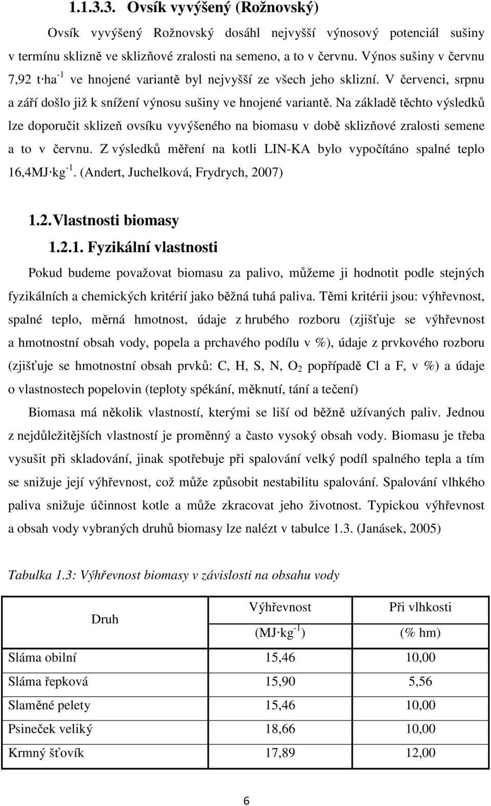 Na základě těchto výsledků lze doporučit sklizeň ovsíku vyvýšeného na biomasu v době sklizňové zralosti semene a to v červnu.