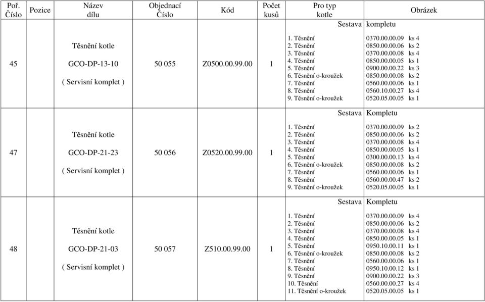 8. 9. o-kroužek 0370.00.00.09 ks 2 0850.00.00.06 ks 2 0370.00.00.08 ks 4 0850.00.00.05 ks 0300.00.00.3 ks 4 0850.00.00.08 ks 2 0560.00.00.06 ks 0560.00.00.47 ks 2 0520.05.00.05 ks Sestava Kompletu 48 kotle ( Servisní komplet ) 50 057 Z50.