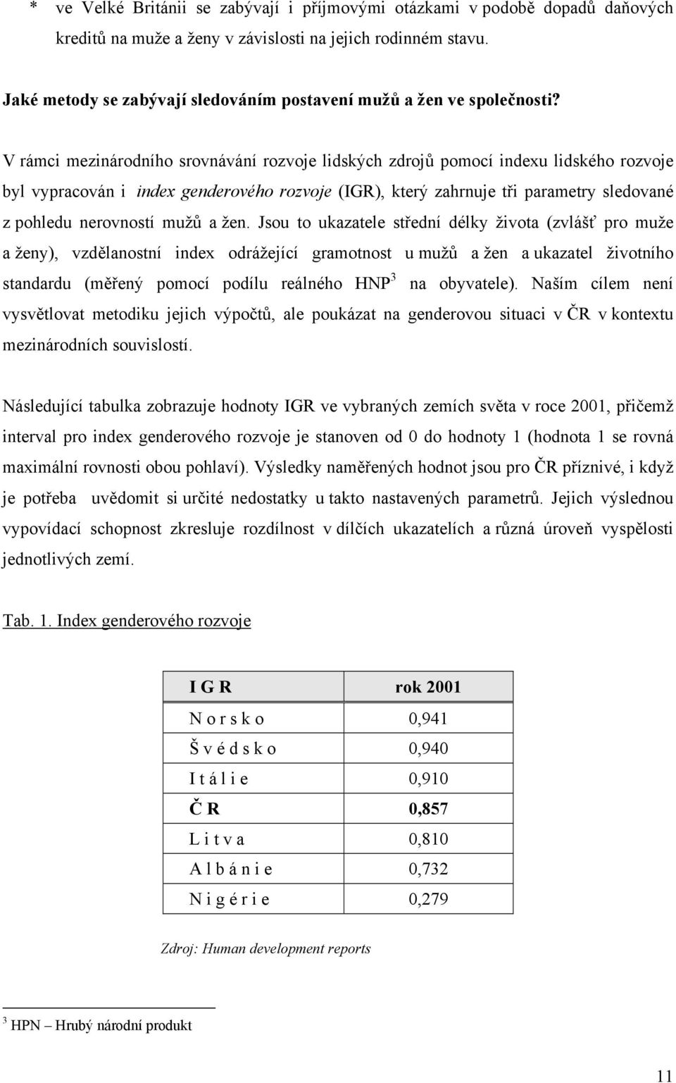 V rámci mezinárodního srovnávání rozvoje lidských zdrojů pomocí indexu lidského rozvoje byl vypracován i index genderového rozvoje (IGR), který zahrnuje tři parametry sledované z pohledu nerovností