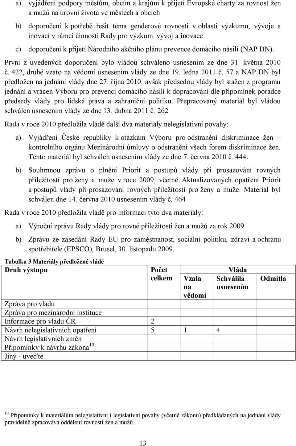 První z uvedených doporučení bylo vládou schváleno usnesením ze dne 31. května 2010 č. 422, druhé vzato na vědomí usnesením vlády ze dne 19. ledna 2011 č.