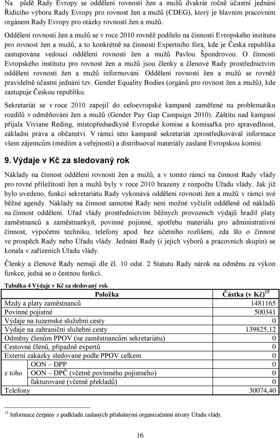 Oddělení rovnosti žen a mužů se v roce 2010 rovněž podílelo na činnosti Evropského institutu pro rovnost žen a mužů, a to konkrétně na činnosti Expertního fóra, kde je Česká republika zastupována