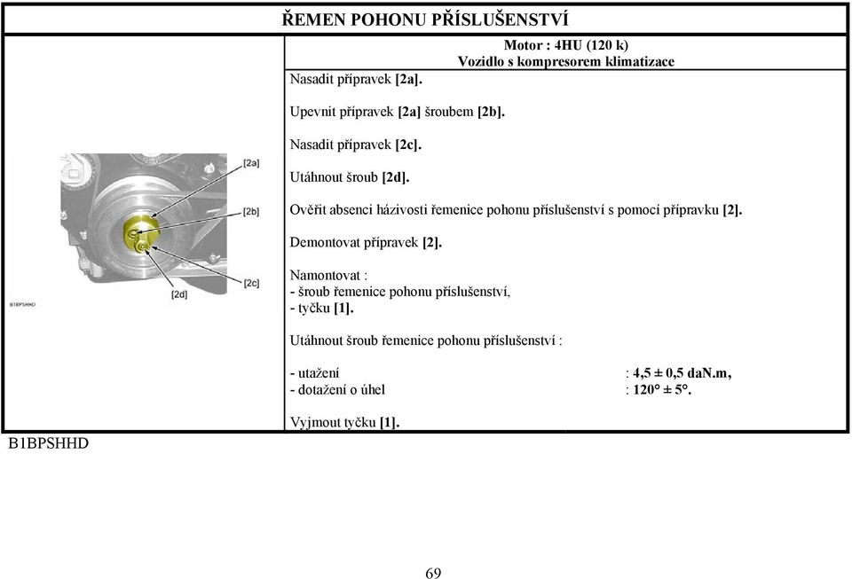 pomocí přípravku [2]. Demontovat přípravek [2]. Namontovat : - šroub řemenice pohonu příslušenství, - tyčku [1].