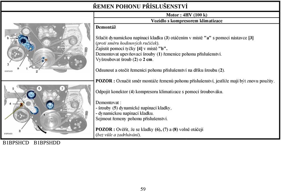 Odsunout a otočit řemenici pohonu příslušenství na dříku šroubu (2). POZOR : Označit směr montáže řemenů pohonu příslušenství, jestliže mají být znovu použity.