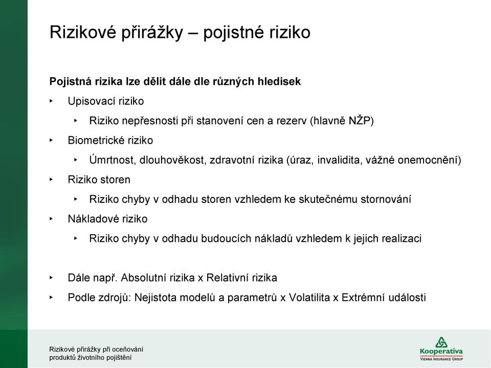 storen Riziko chyby v odhadu storen vzhledem ke skutečnému stornování Nákladové riziko Riziko chyby v odhadu budoucích nákladů vzhledem