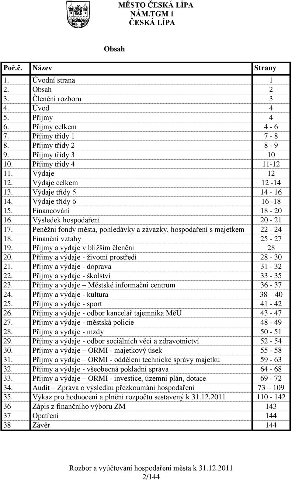 Peněžní fondy města, pohledávky a závazky, hospodaření s majetkem 22-24 18. Finanční vztahy 25-27 19. Příjmy a výdaje v bližším členění 28 20. Příjmy a výdaje - životní prostředí 28-30 21.