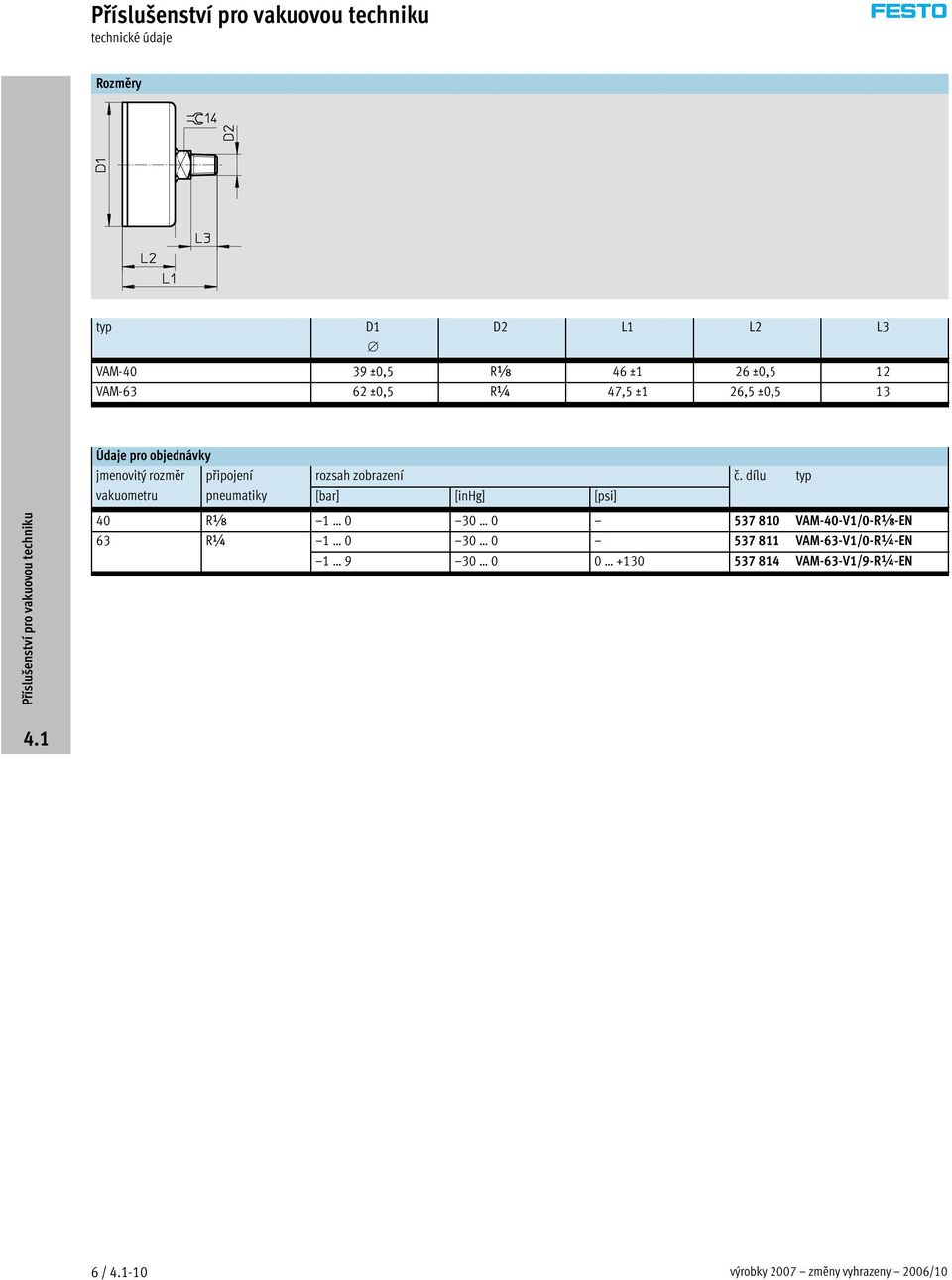 dílu typ vakuometru pneumatiky [bar] [inhg] [psi] 40 Rx 1 0 30 0 537 810 VAM-40-V1/0-Rx-EN