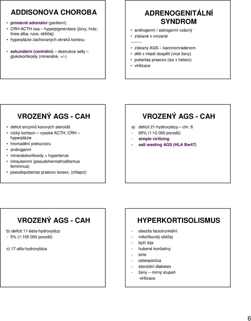 +/-) ADRENOGENITÁLNÍ SYNDROM androgenní / estrogenní vzácný získané x vrozené -------- získaný AGS karcinom/adenom děti x mladí dospělí (více ženy) pubertas praecox (iso x hetero) virilizace VROZENÝ