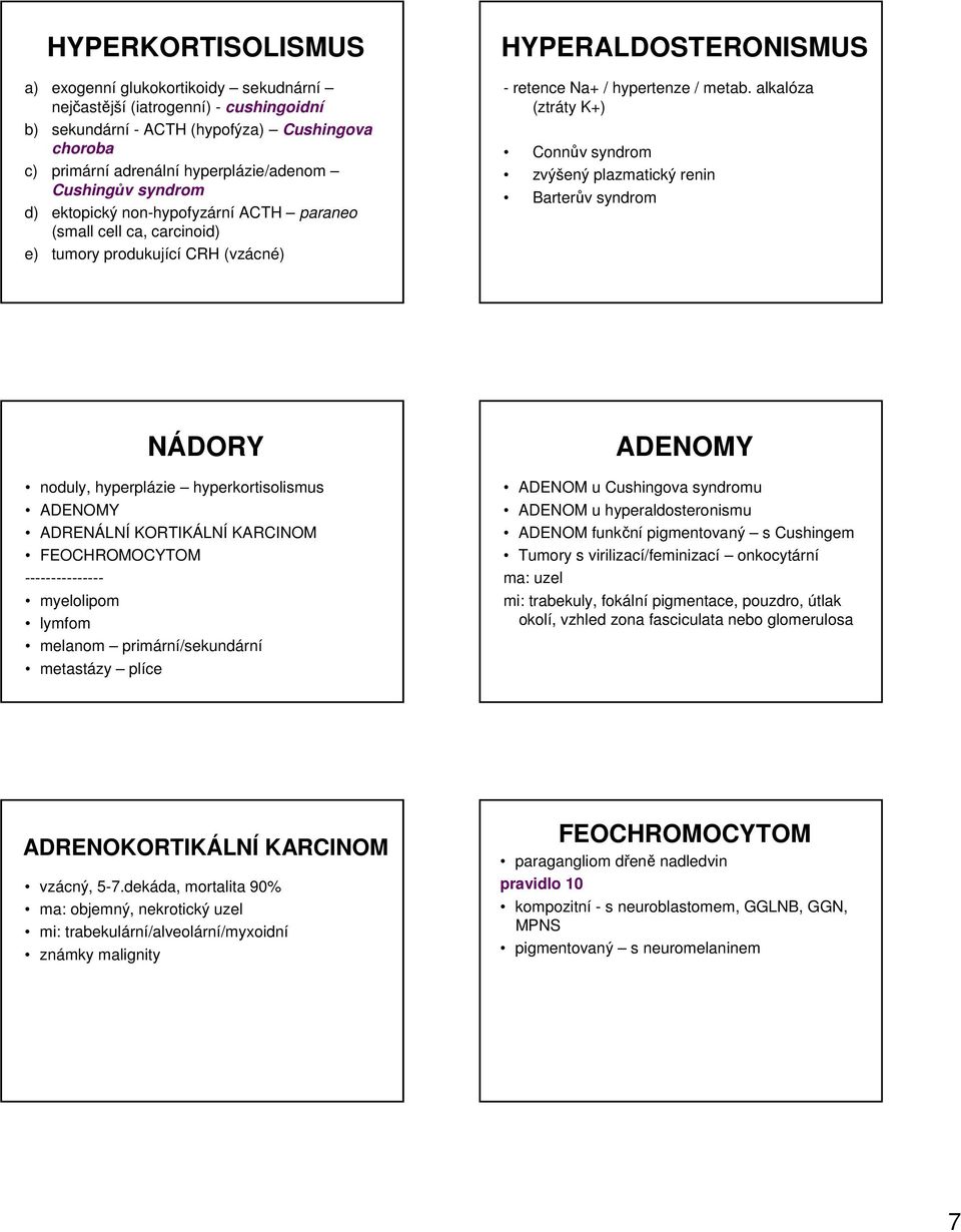 alkalóza (ztráty K+) Connův syndrom zvýšený plazmatický renin Barterův syndrom NÁDORY noduly, hyperplázie hyperkortisolismus ADENOMY ADRENÁLNÍ KORTIKÁLNÍ KARCINOM FEOCHROMOCYTOM ---------------