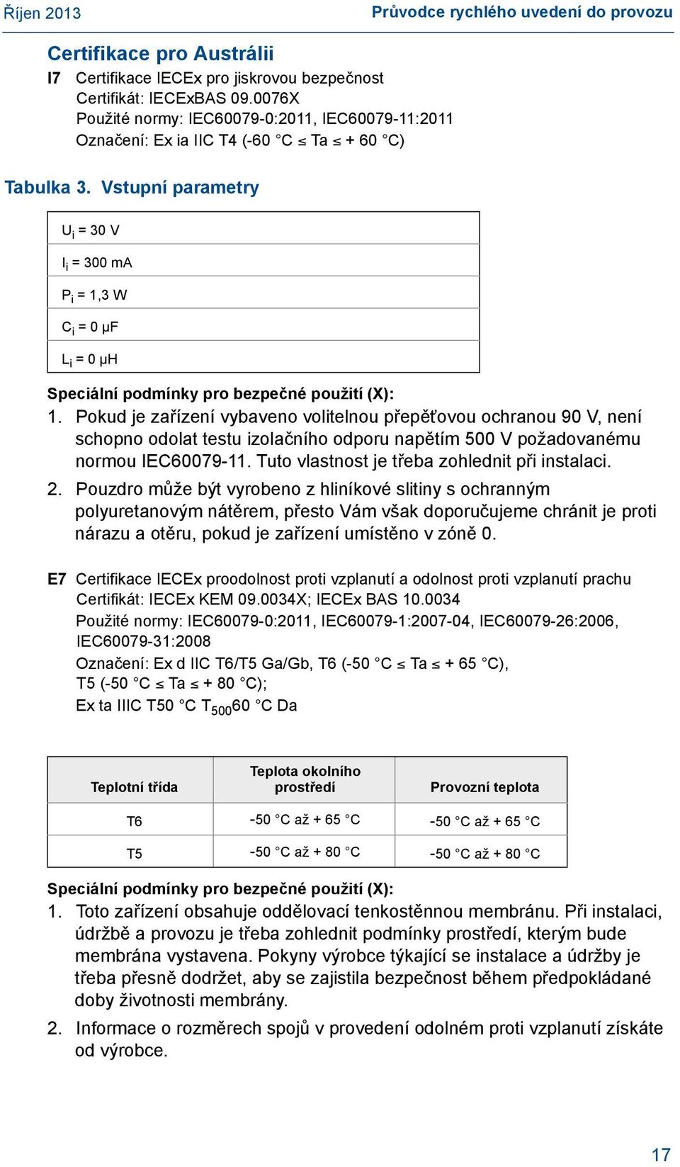 Vstupní parametry U i = 30 V I i = 300 ma P i = 1,3 W C i = 0 µf L i = 0 µh Speciální podmínky pro bezpečné použití (X): 1.