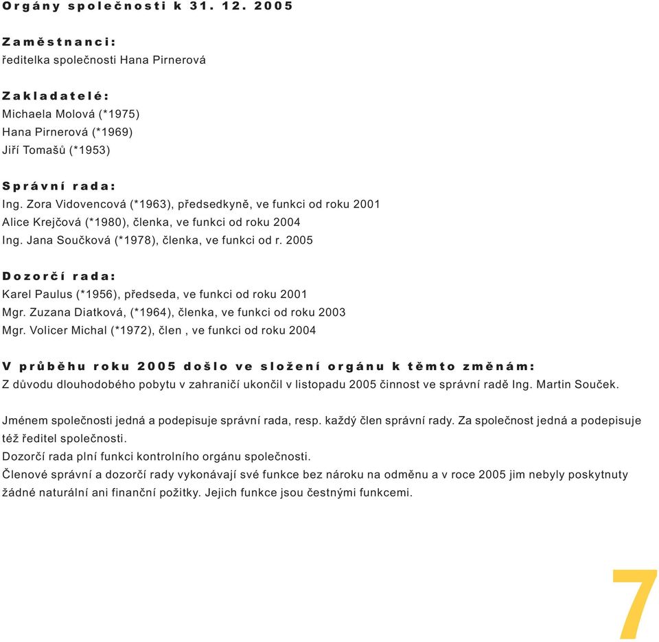 2005 Dozorèí rada: Karel Paulus (*1956), pøedseda, ve funkci od roku 2001 Mgr. Zuzana Diatková, (*1964), èlenka, ve funkci od roku 2003 Mgr.