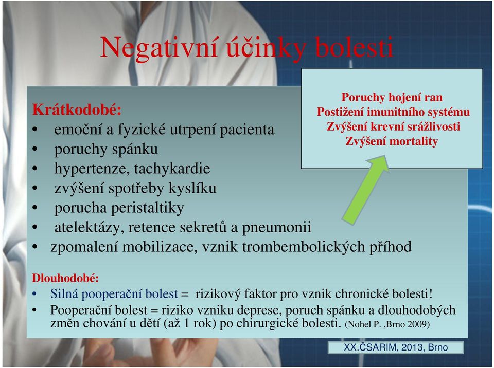 pneumonii zpomalení mobilizace, vznik trombembolických příhod Dlouhodobé: Silná pooperační bolest = rizikový faktor pro vznik chronické