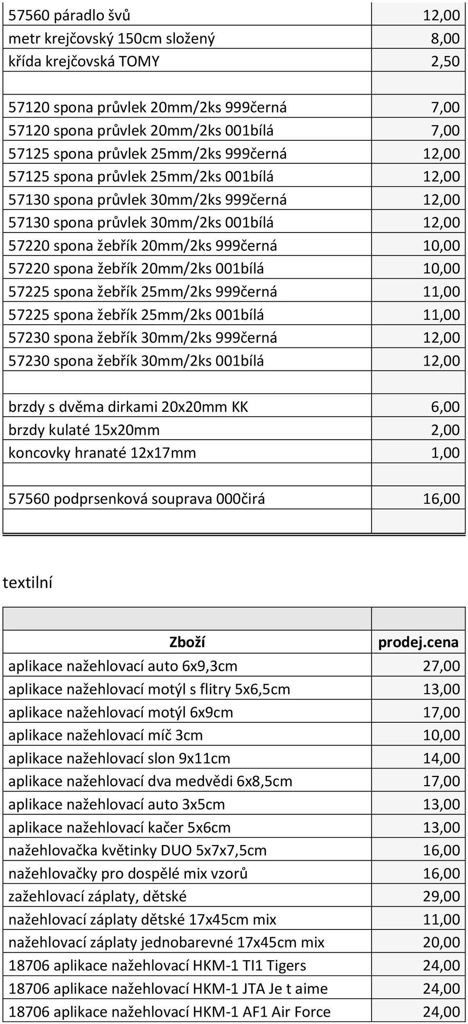 žebřík 20mm/2ks 001bílá 10,00 57225 spona žebřík 25mm/2ks 999černá 11,00 57225 spona žebřík 25mm/2ks 001bílá 11,00 57230 spona žebřík 30mm/2ks 999černá 12,00 57230 spona žebřík 30mm/2ks 001bílá 12,00