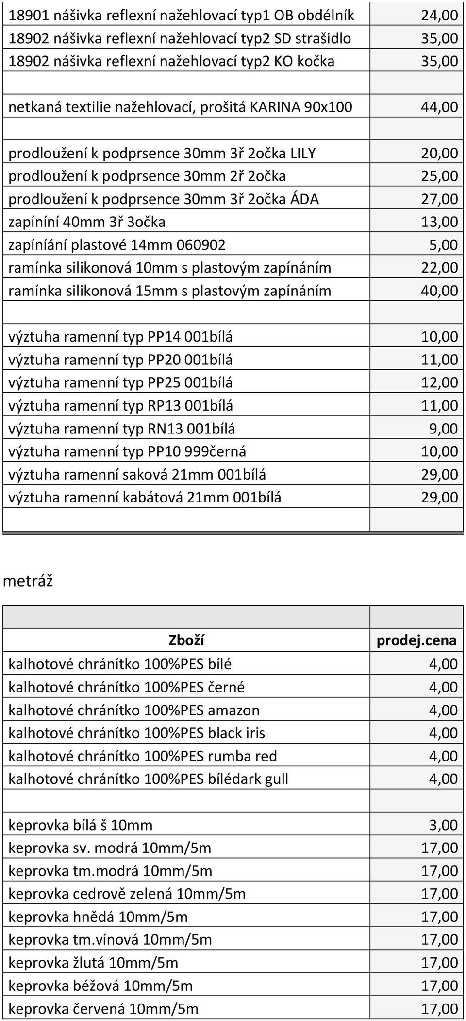 3ř 3očka 13,00 zapíníání plastové 14mm 060902 5,00 ramínka silikonová 10mm s plastovým zapínáním 22,00 ramínka silikonová 15mm s plastovým zapínáním 40,00 výztuha ramenní typ PP14 001bílá 10,00