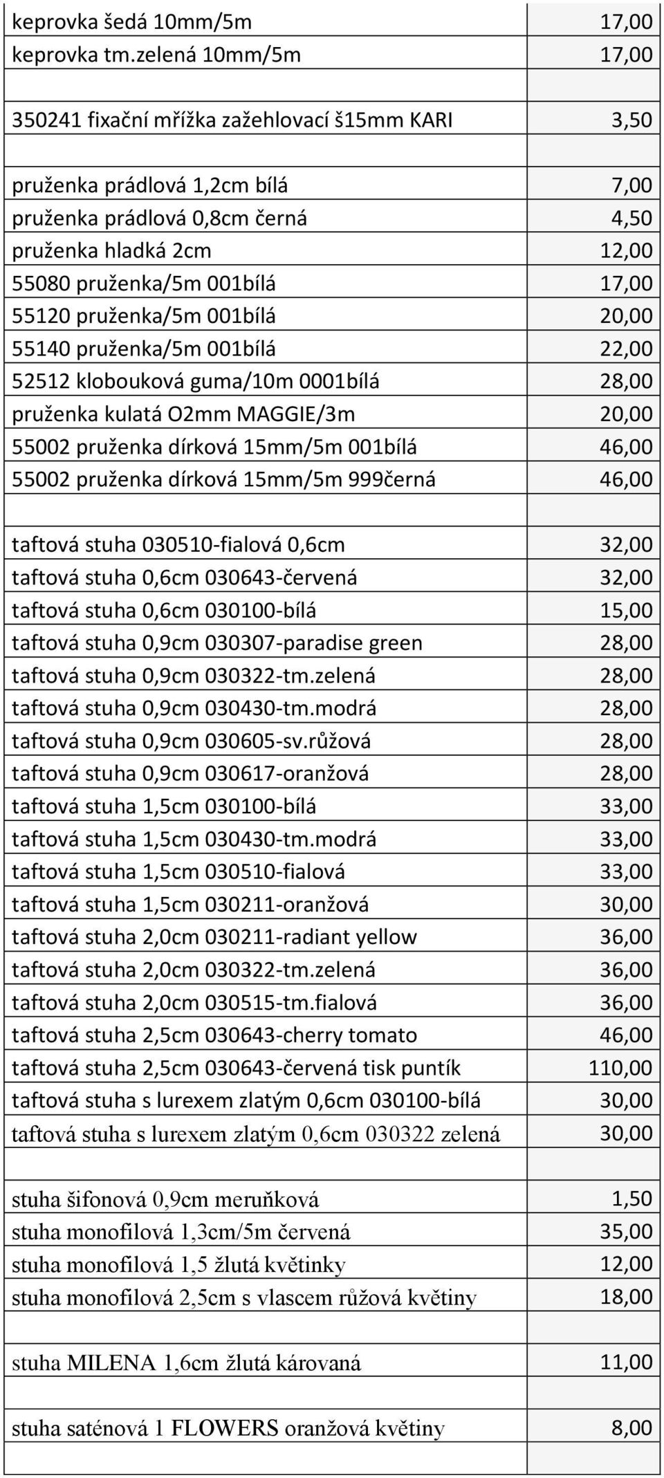 55120 pruženka/5m 001bílá 20,00 55140 pruženka/5m 001bílá 22,00 52512 klobouková guma/10m 0001bílá 28,00 pruženka kulatá O2mm MAGGIE/3m 20,00 55002 pruženka dírková 15mm/5m 001bílá 46,00 55002