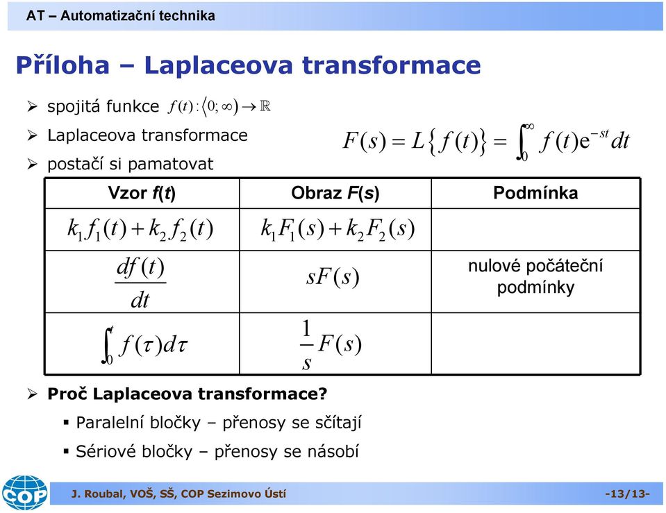 aralelní bločy přenoy e čítají Sériové bločy přenoy e náobí ) { } F () L t () t ()e t dt = =