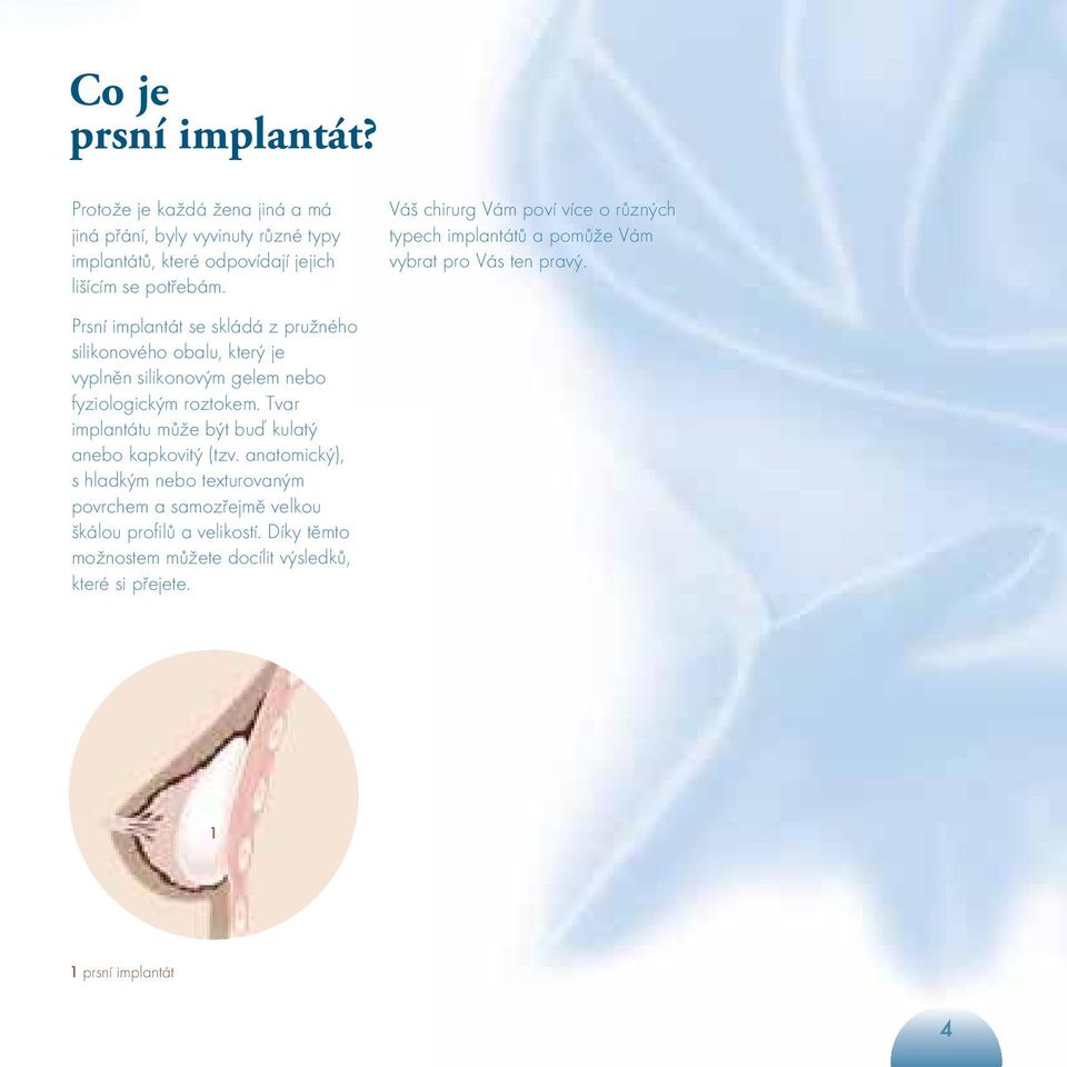 Prsní implantát se skládá z pružného silikonového obalu, který je vyplněn silikonovým gelem nebo fyziologickým roztokem.