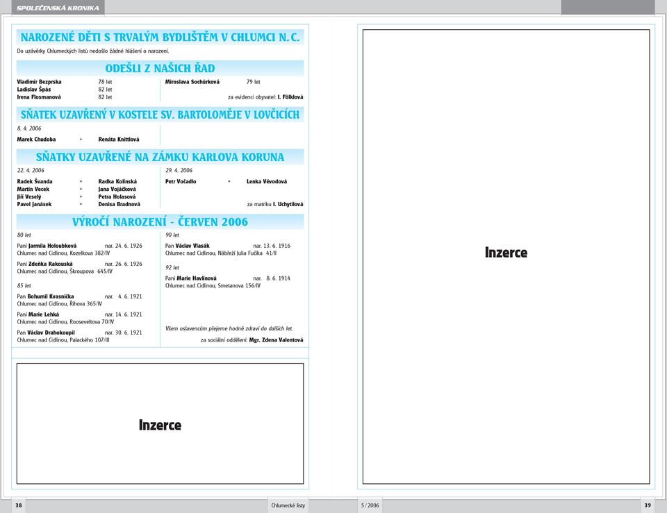 BARTOLOMĚJE V LOVČICÍCH 8. 4. 2006 Marek Chudoba + Renáta Knittlová 22. 4. 2006 SŇATKY UZAVŘENÉ NA ZÁMKU KARLOVA KORUNA Radek Švanda + Radka Kolínská Martin Vecek + Jana Vojáčková Jiří Veselý + Petra Holasová Pavel Janásek + Denisa Bradnová 29.