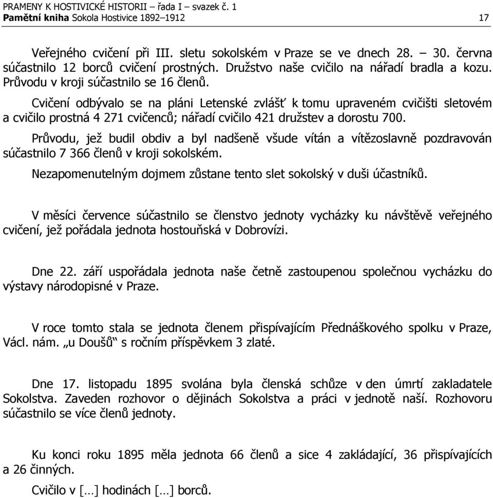 Cvičení odbývalo se na pláni Letenské zvlášť k tomu upraveném cvičišti sletovém a cvičilo prostná 4 271 cvičenců; nářadí cvičilo 421 družstev a dorostu 700.