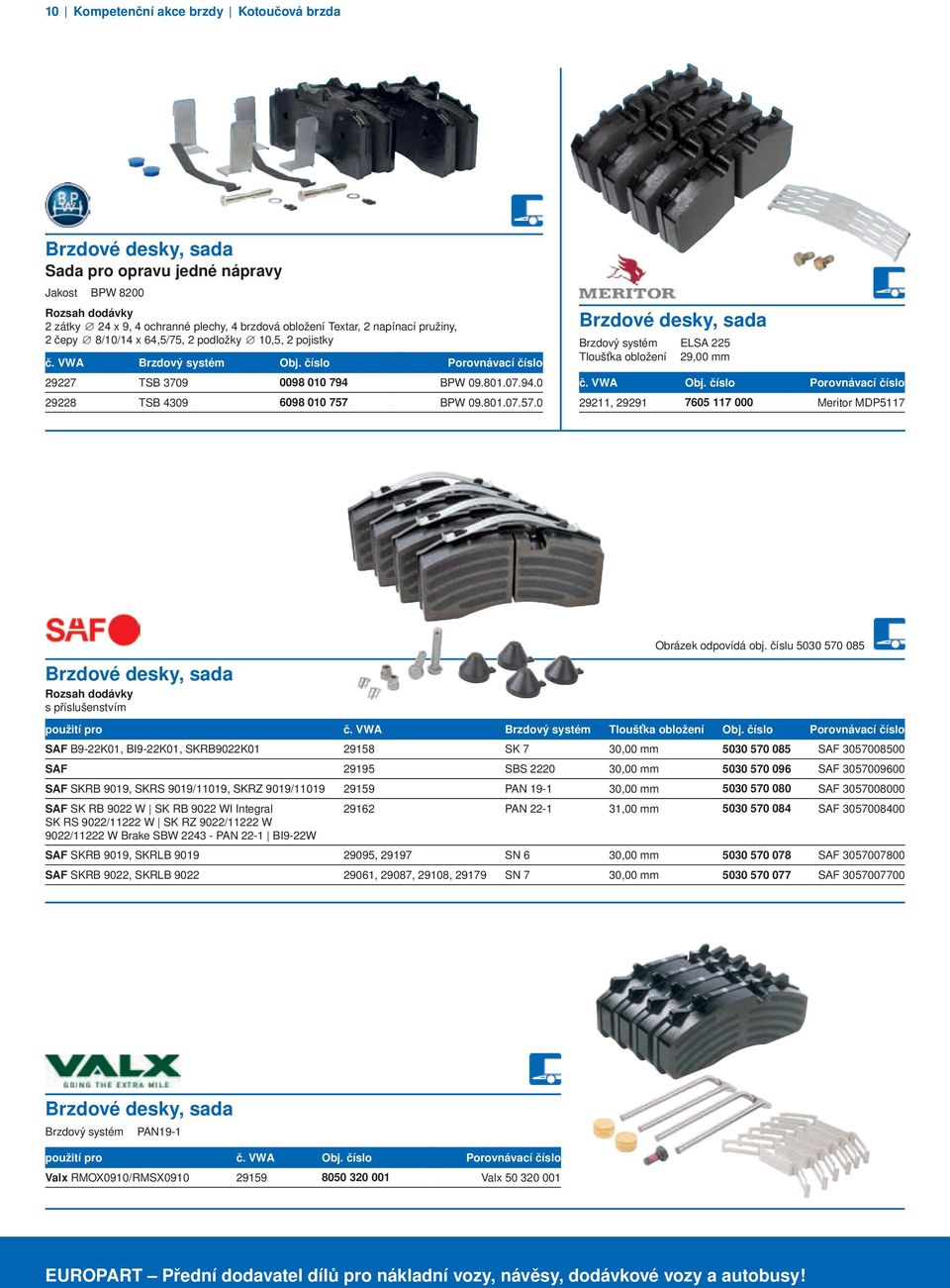 BPW 09.80.07.57.0 Brzdové desky, sada Brzdový systém ELSA 225 Tloušťka obložení 29,00 mm č. VWA 292, 2929 7605 7 000 Meritor MDP57 Brzdové desky, sada s příslušenstvím Obrázek odpovídá obj.