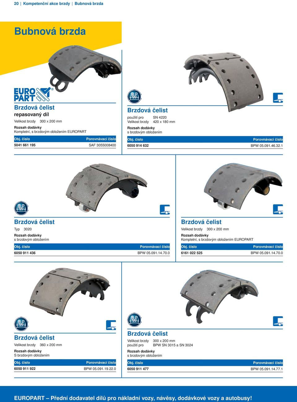 BPW 05.09.46.32. Brzdová čelist Typ 3020 s brzdovým obložením Brzdová čelist Velikost brzdy 300 x 200 mm Kompletní, s brzdovým obložením EUROPART 6050 9 436 BPW 05.09.4.70.