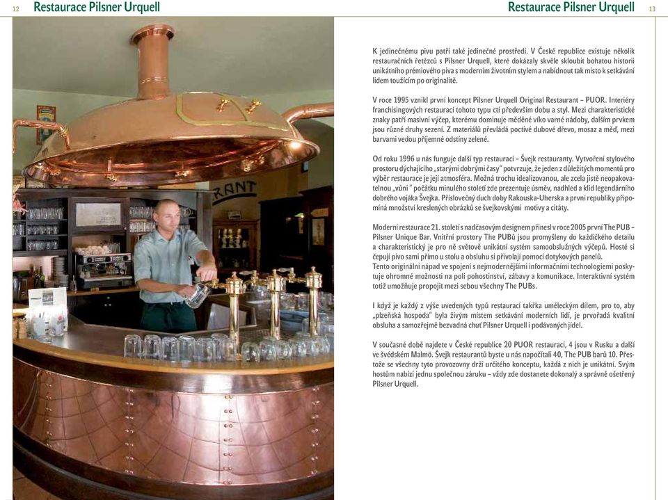 k setkávání lidem toužícím po originalitě. V roce 1995 vznikl první koncept Pilsner Urquell Original Restaurant PUOR. Interiéry franchisingových restaurací tohoto typu ctí především dobu a styl.