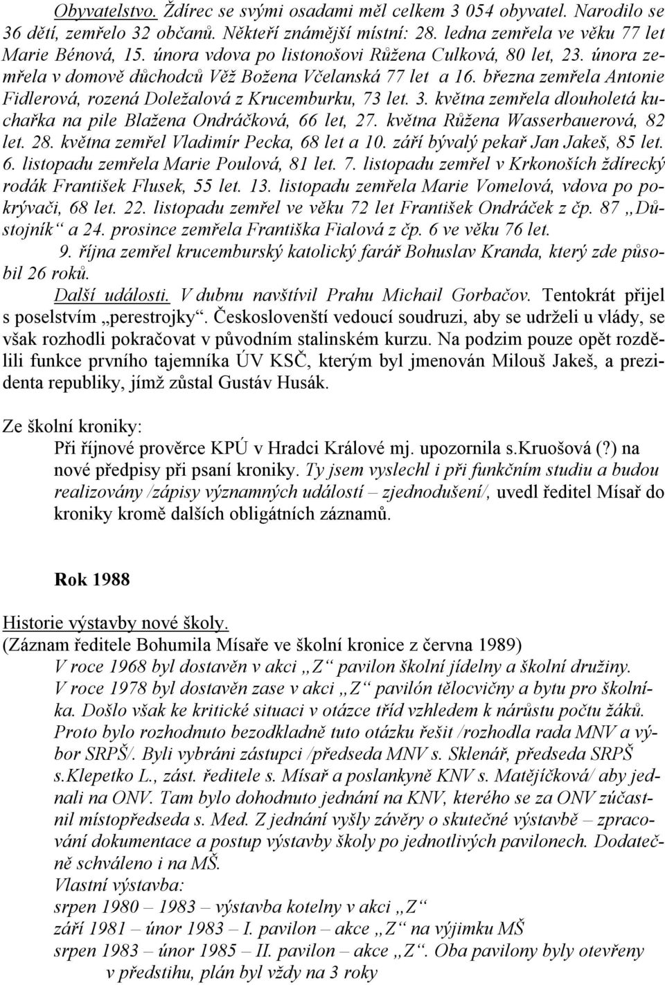 května zemřela dlouholetá kuchařka na pile Blažena Ondráčková, 66 let, 27. května Růžena Wasserbauerová, 82 let. 28. května zemřel Vladimír Pecka, 68 let a 10. září bývalý pekař Jan Jakeš, 85 let. 6. listopadu zemřela Marie Poulová, 81 let.