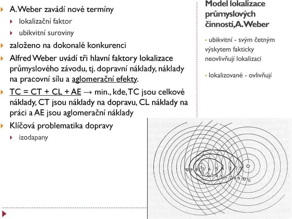 , kde, TC jsou celkové náklady, CT jsou náklady na dopravu, CL náklady na práci a AE jsou aglomerační náklady Klíčová problematika