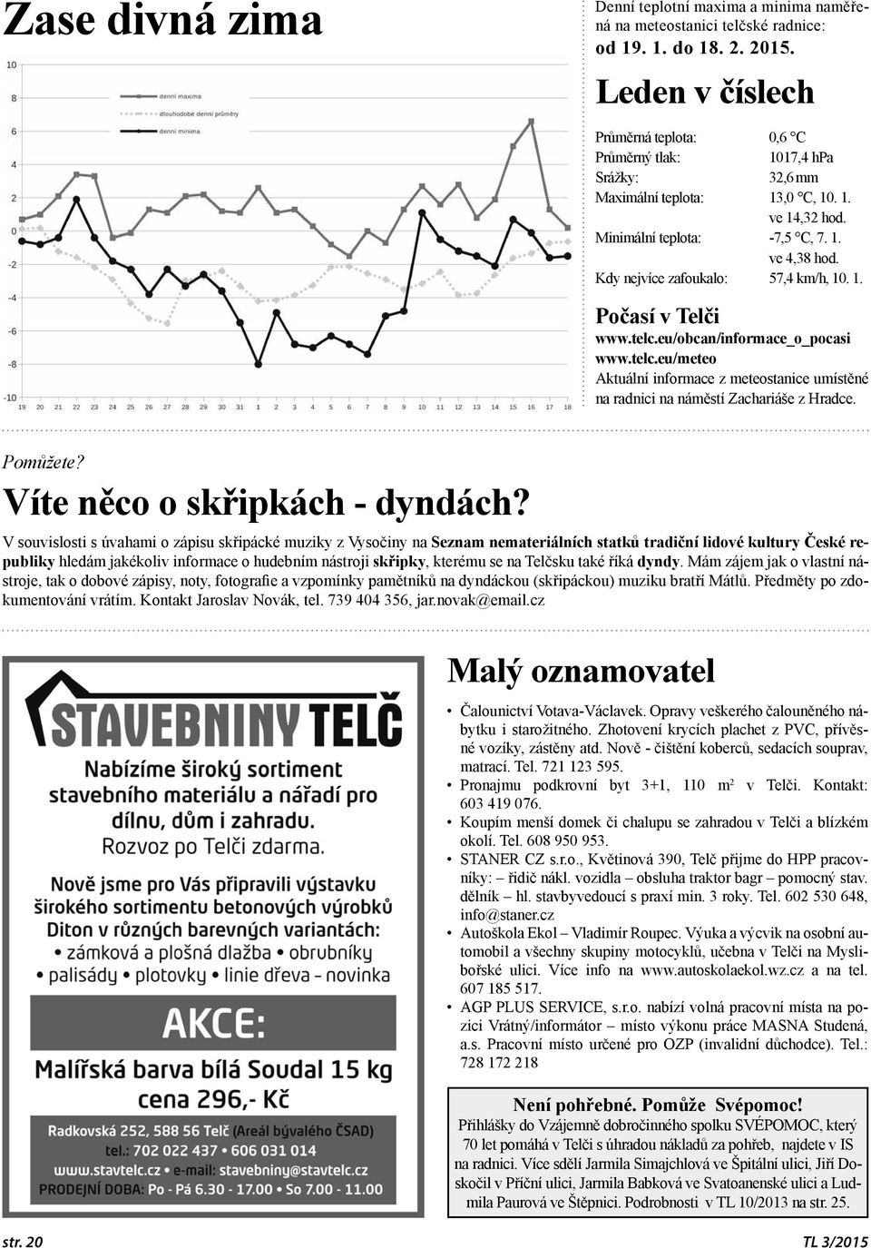 Kdy nejvíce zafoukalo: 57,4 km/h, 10. 1. Počasí v Telči www.telc.eu/obcan/informace_o_pocasi www.telc.eu/meteo Aktuální informace z meteostanice umístěné na radnici na náměstí Zachariáše z Hradce.