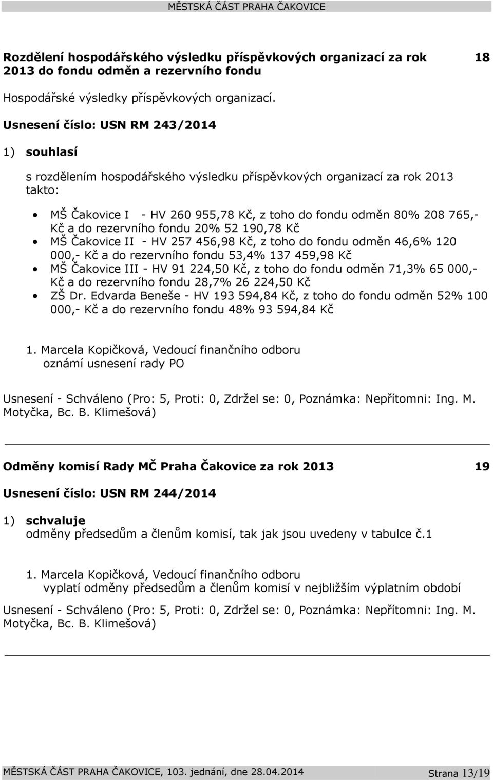 do rezervního fondu 20% 52 190,78 Kč MŠ Čakovice II - HV 257 456,98 Kč, z toho do fondu odměn 46,6% 120 000,- Kč a do rezervního fondu 53,4% 137 459,98 Kč MŠ Čakovice III - HV 91 224,50 Kč, z toho do