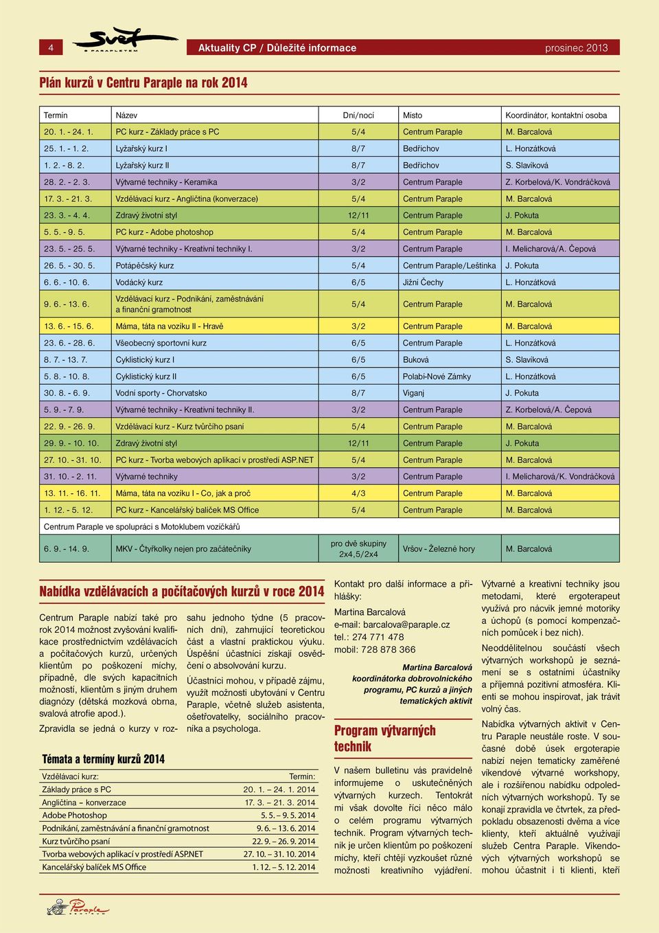 Korbelová/K. Vondráčková 17. 3. - 21. 3. Vzdělávací kurz - Angličtina (konverzace) 5/4 Centrum Paraple M. Barcalová 23. 3. - 4. 4. Zdravý životní styl 12/11 Centrum Paraple J. Pokuta 5. 5. - 9. 5. PC kurz - Adobe photoshop 5/4 Centrum Paraple M.