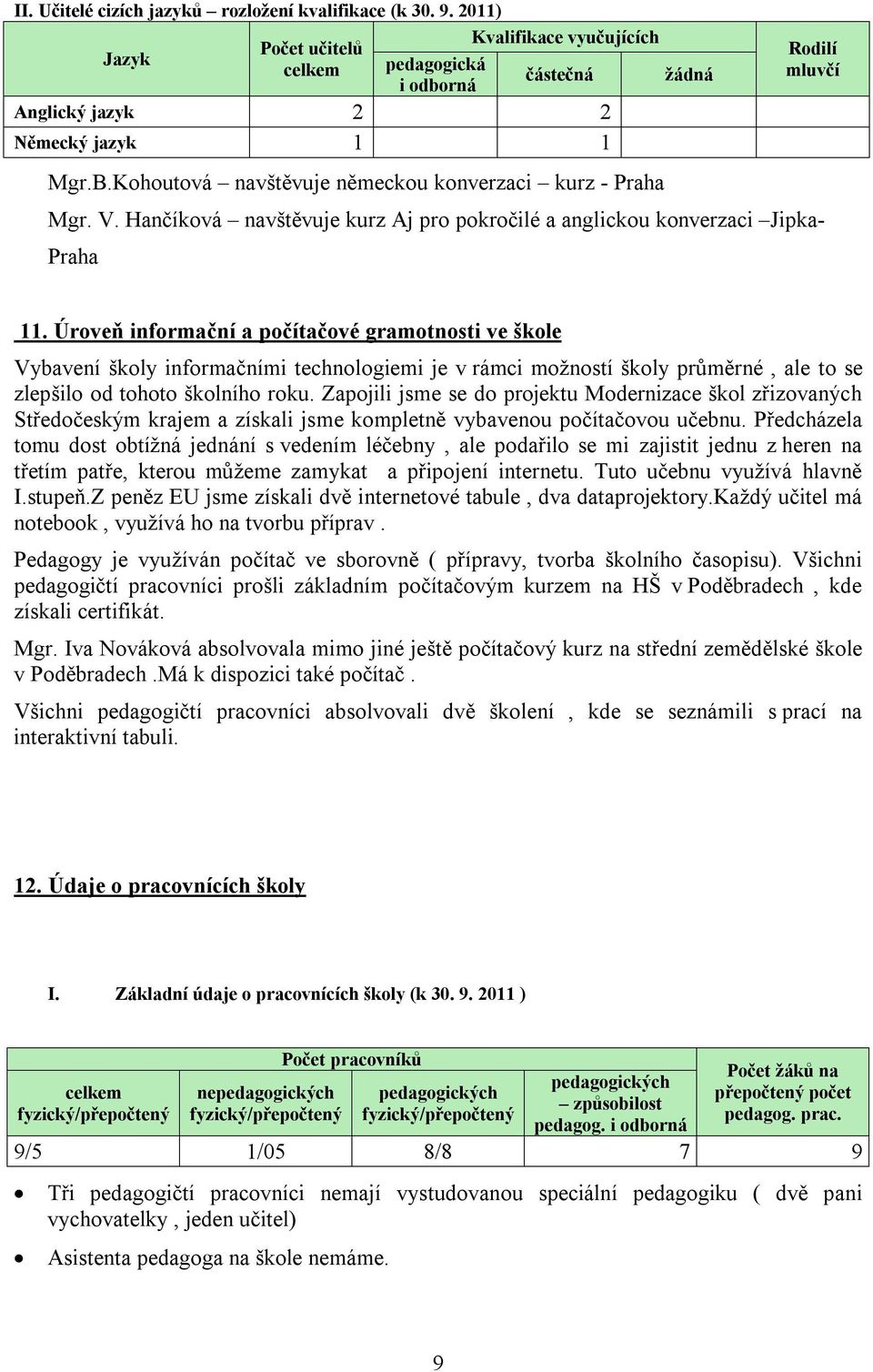 Úroveň informační a počítačové gramotnosti ve škole Vybavení školy informačními technologiemi je v rámci možností školy průměrné, ale to se zlepšilo od tohoto školního roku.