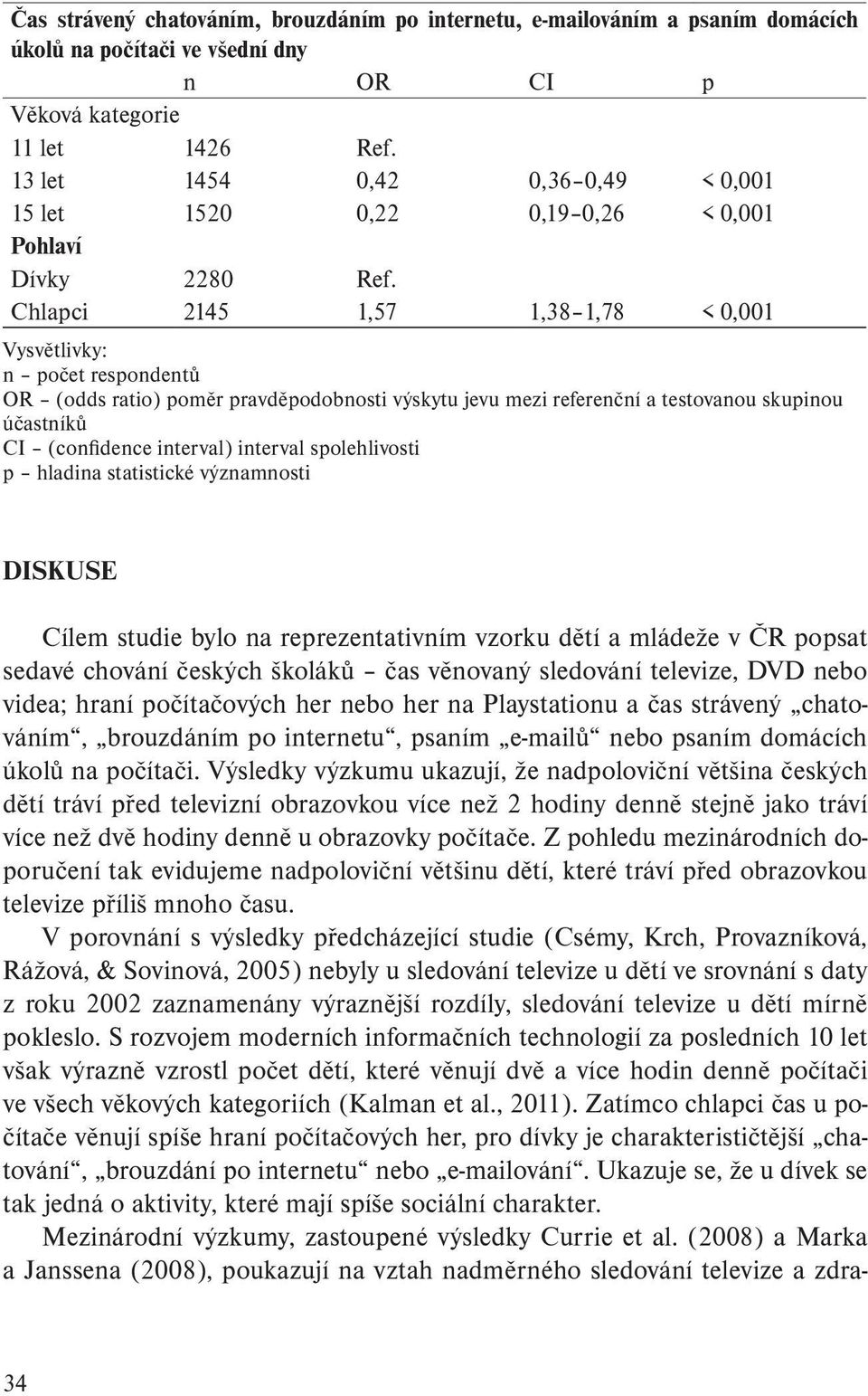 Chlapci 2145 1,57 1,38 1,78 < 0,001 Vysvětlivky: n počet respondentů OR (odds ratio) poměr pravděpodobnosti výskytu jevu mezi referenční a testovanou skupinou účastníků CI (confidence interval)