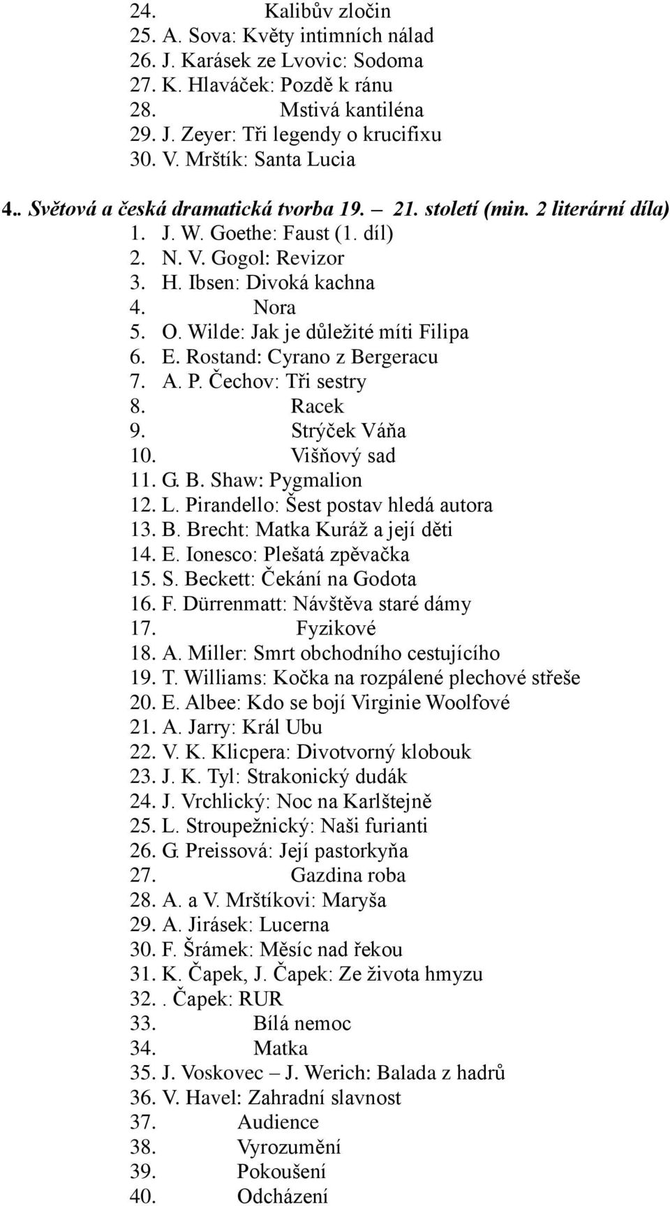 Wilde: Jak je důleţité míti Filipa 6. E. Rostand: Cyrano z Bergeracu 7. A. P. Čechov: Tři sestry 8. Racek 9. Strýček Váňa 10. Višňový sad 11. G. B. Shaw: Pygmalion 12. L.