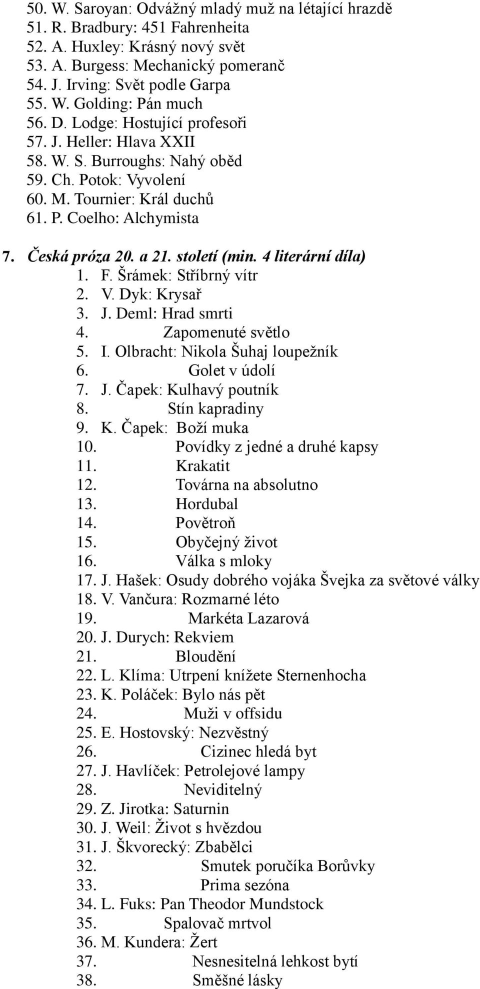 století (min. 4 literární díla) 1. F. Šrámek: Stříbrný vítr 2. V. Dyk: Krysař 3. J. Deml: Hrad smrti 4. Zapomenuté světlo 5. I. Olbracht: Nikola Šuhaj loupeţník 6. Golet v údolí 7. J. Čapek: Kulhavý poutník 8.