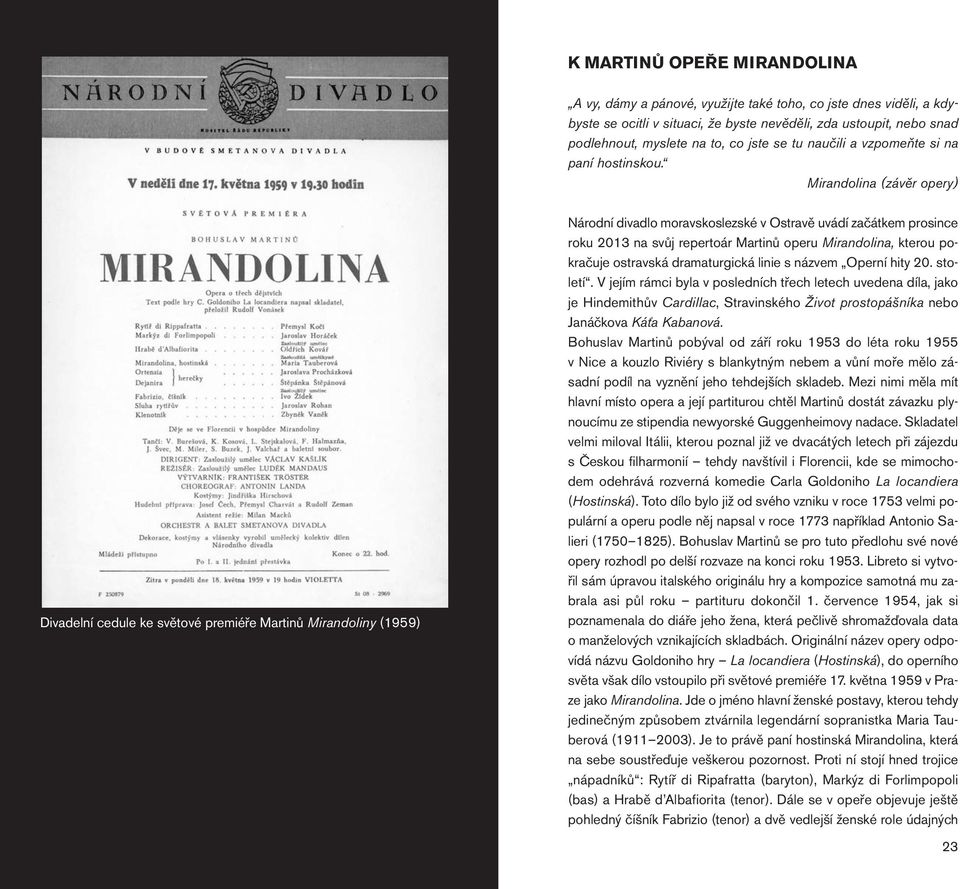 Mirandolina (závěr opery) Divadelní cedule ke světové premiéře Martinů Mirandoliny (1959) 22 Národní divadlo moravskoslezské v Ostravě uvádí začátkem prosince roku 2013 na svůj repertoár Martinů