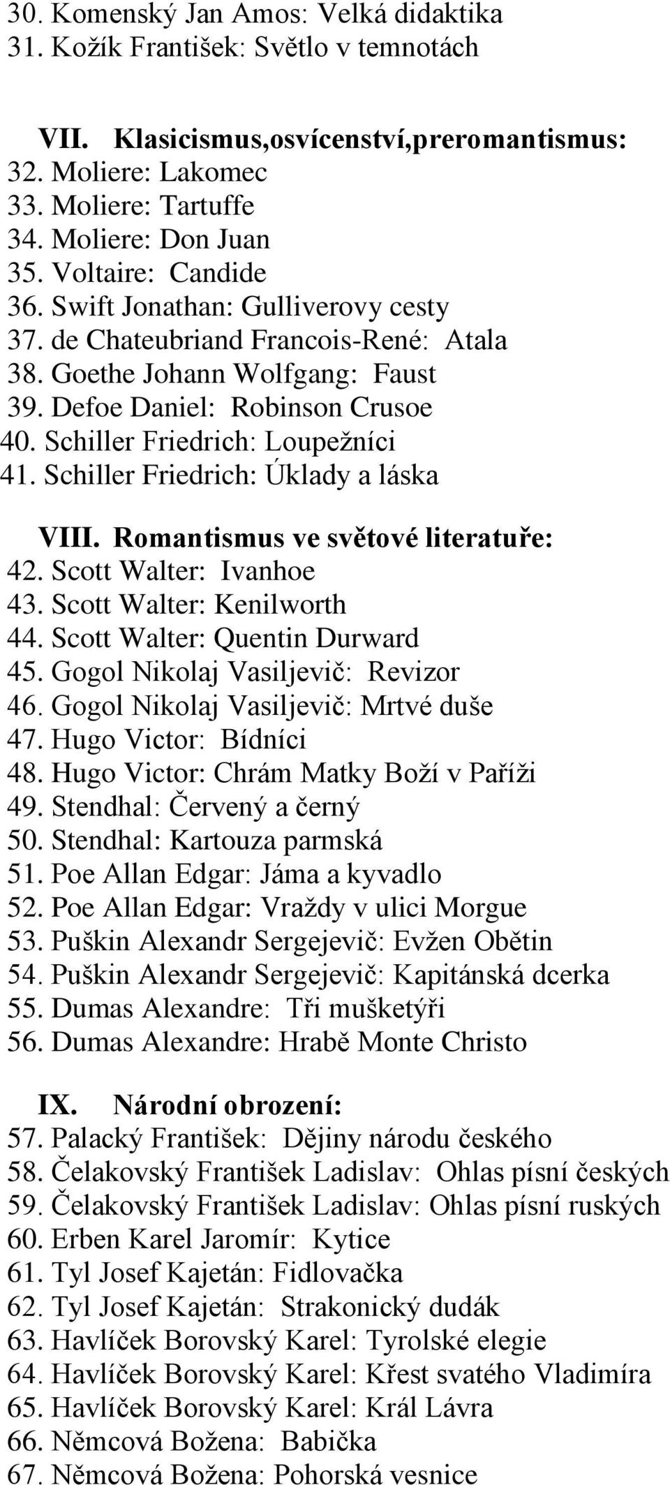 Schiller Friedrich: Loupežníci 41. Schiller Friedrich: Úklady a láska VIII. Romantismus ve světové literatuře: 42. Scott Walter: Ivanhoe 43. Scott Walter: Kenilworth 44.