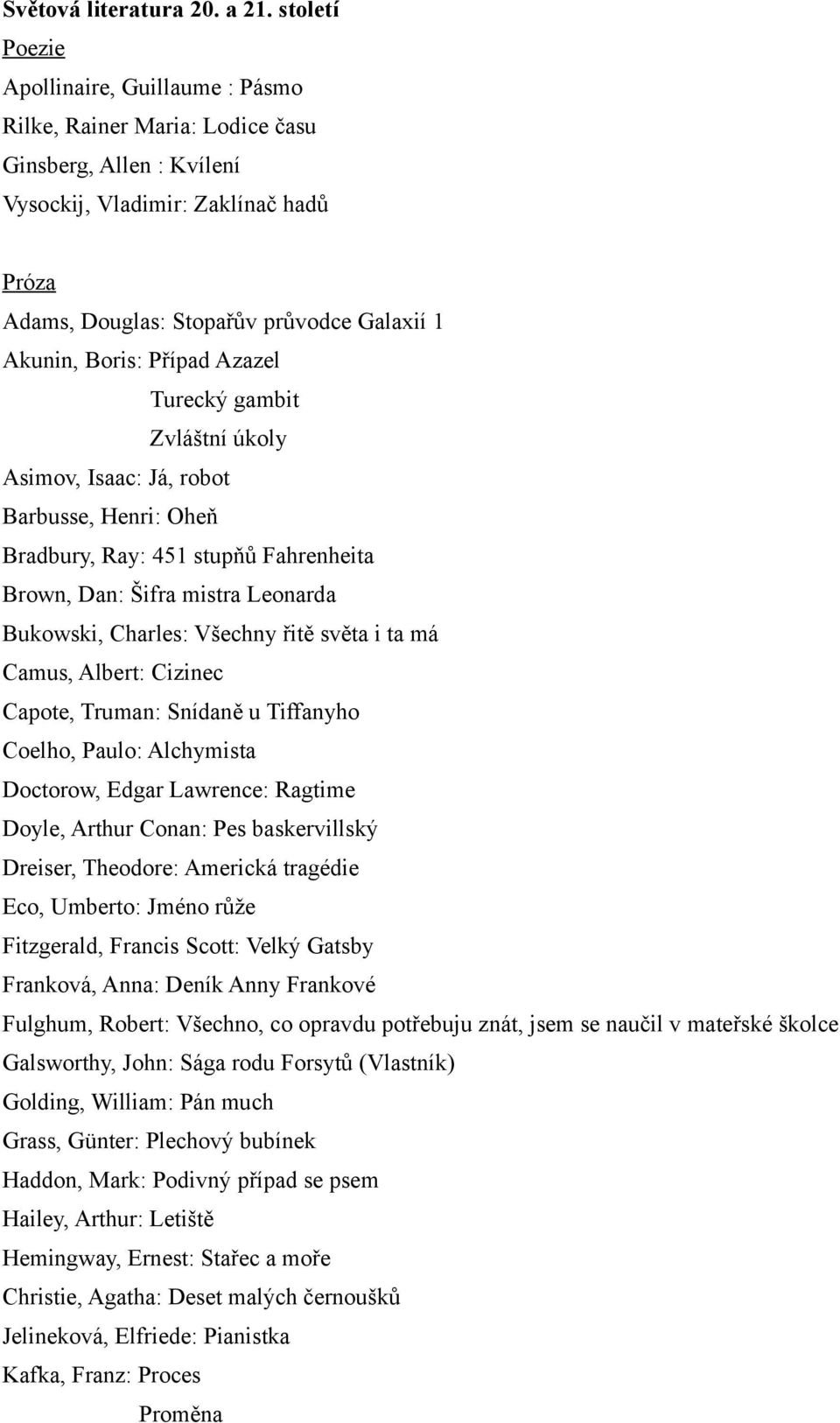 Případ Azazel Turecký gambit Zvláštní úkoly Asimov, Isaac: Já, robot Barbusse, Henri: Oheň Bradbury, Ray: 451 stupňů Fahrenheita Brown, Dan: Šifra mistra Leonarda Bukowski, Charles: Všechny řitě