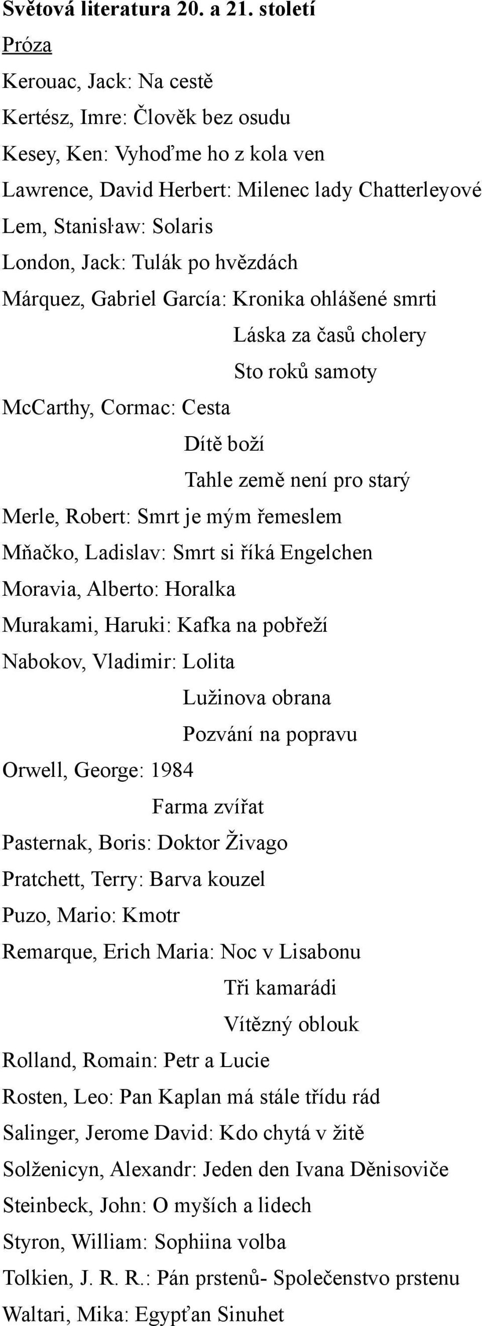 hvězdách Márquez, Gabriel García: Kronika ohlášené smrti Láska za časů cholery Sto roků samoty McCarthy, Cormac: Cesta Dítě boží Tahle země není pro starý Merle, Robert: Smrt je mým řemeslem Mňačko,