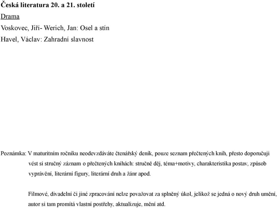 deník, pouze seznam přečtených knih, přesto doporučuji vést si stručný záznam o přečtených knihách: stručně děj, téma+motivy,