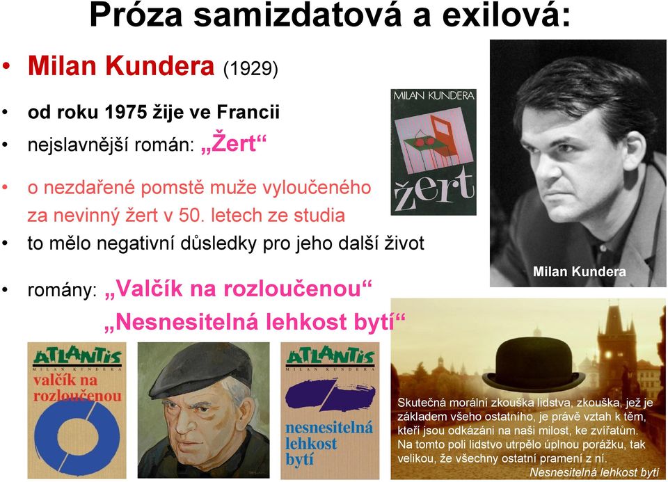 letech ze studia to mělo negativní důsledky pro jeho další život Milan Kundera romány: Valčík na rozloučenou Nesnesitelná lehkost bytí