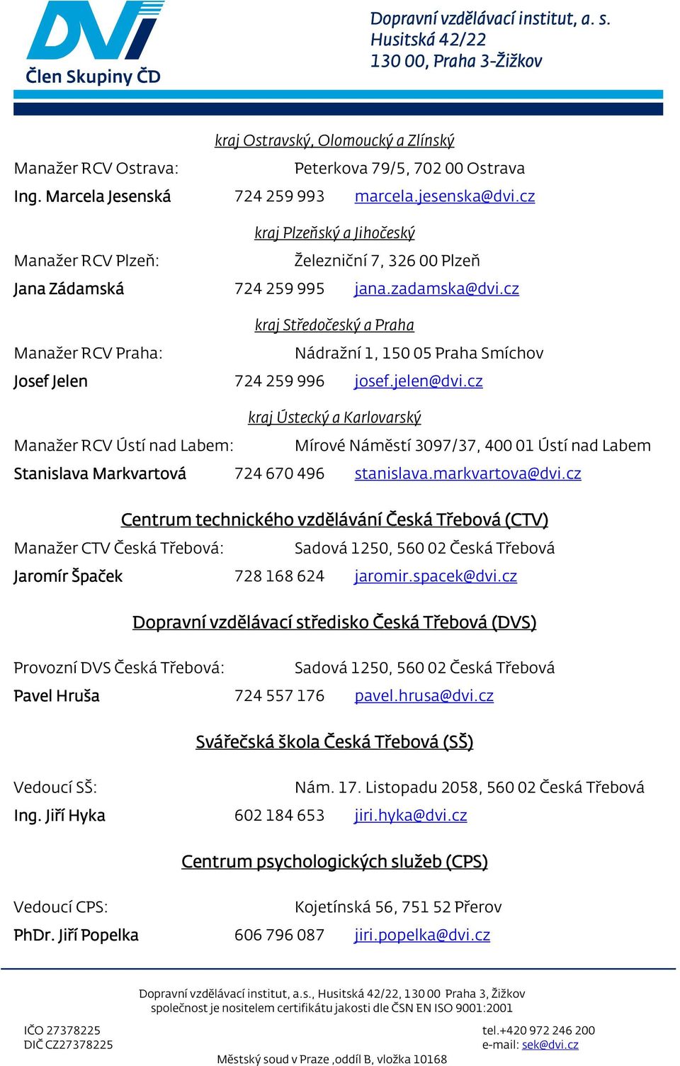 cz kraj Středočeký a Praha Manažer RCV Praha: Nádražní 1, 15005 Praha Smíchov Joef Jelen 724259996 joef.jelen@dvi.