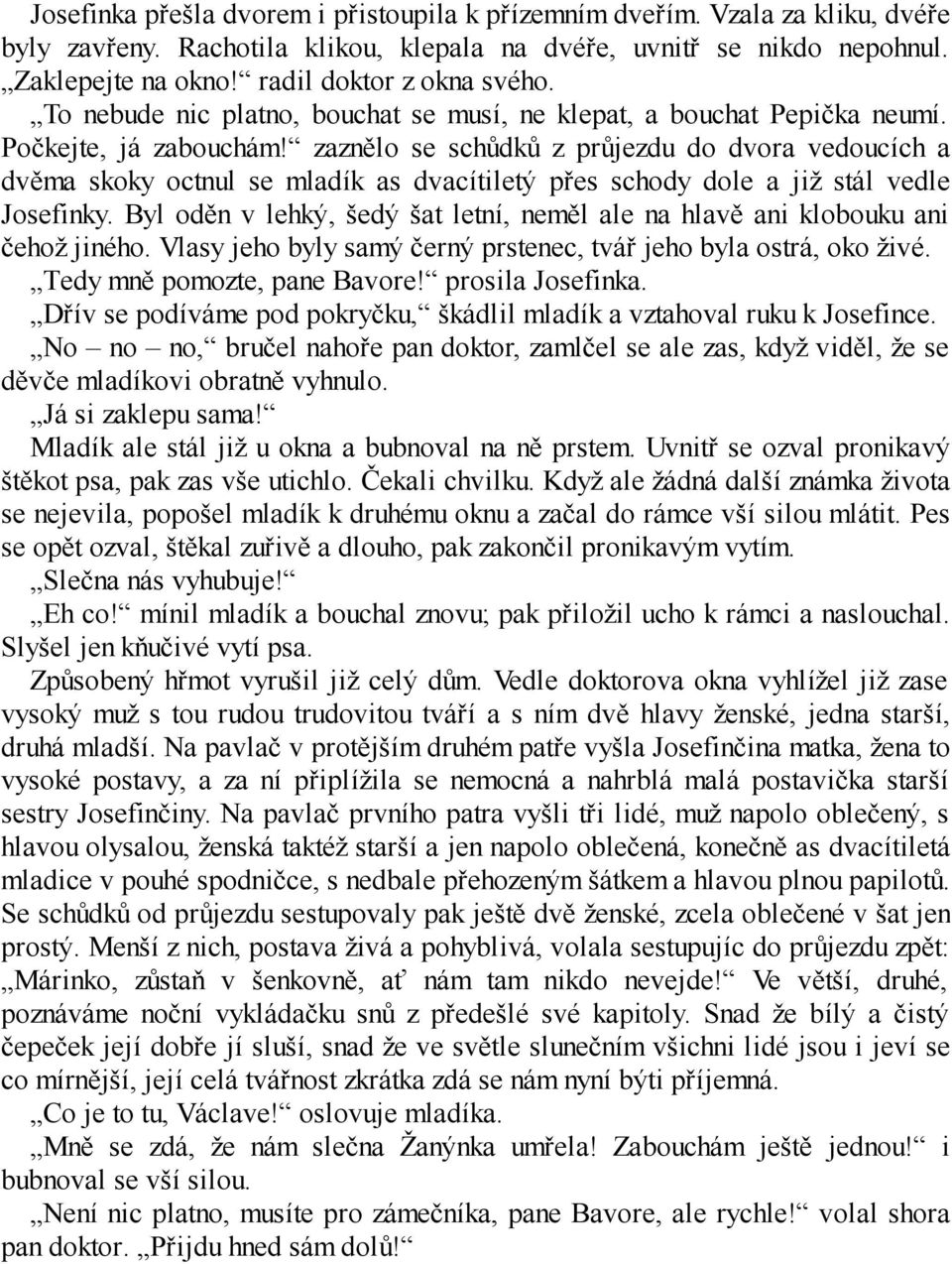 zaznělo se schůdků z průjezdu do dvora vedoucích a dvěma skoky octnul se mladík as dvacítiletý přes schody dole a již stál vedle Josefinky.