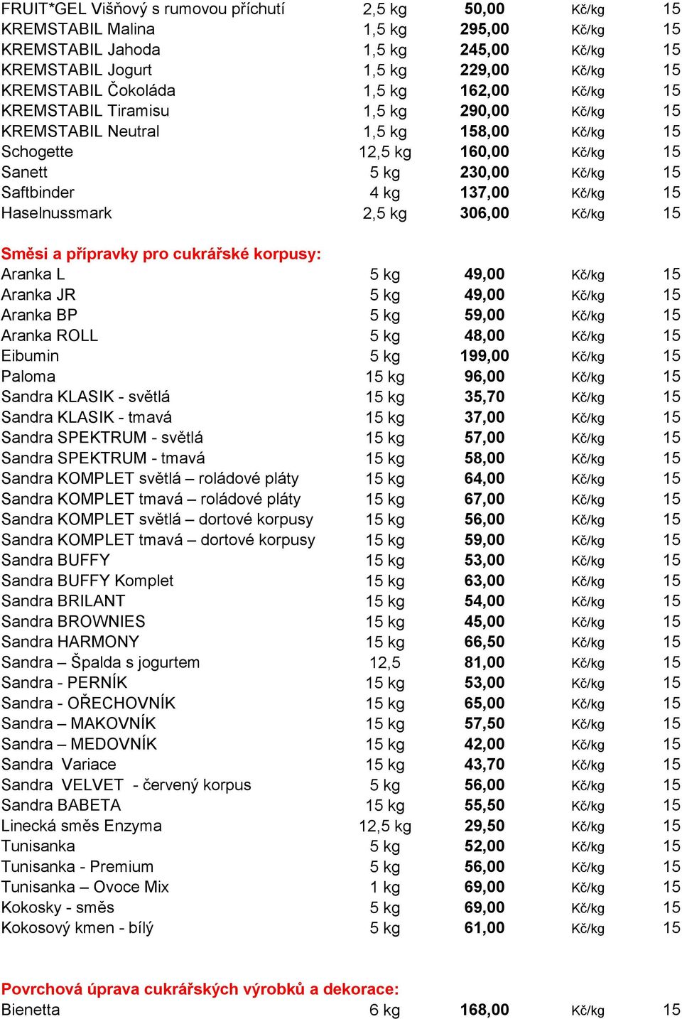 137,00 Kč/kg 15 Haselnussmark 2,5 kg 306,00 Kč/kg 15 Směsi a přípravky pro cukrářské korpusy: Aranka L 5 kg 49,00 Kč/kg 15 Aranka JR 5 kg 49,00 Kč/kg 15 Aranka BP 5 kg 59,00 Kč/kg 15 Aranka ROLL 5 kg