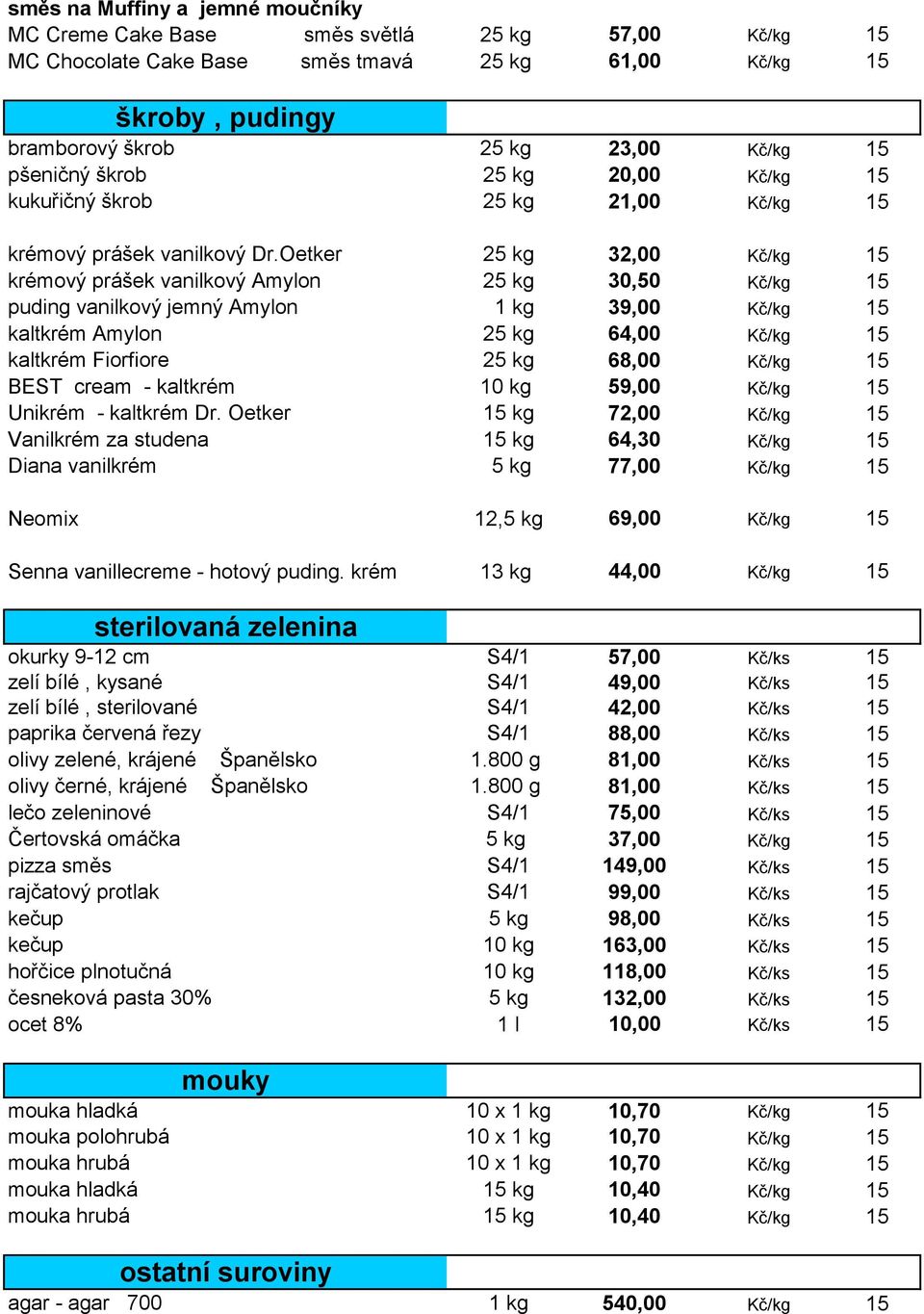 Oetker 25 kg 32,00 Kč/kg 15 krémový prášek vanilkový Amylon 25 kg 30,50 Kč/kg 15 puding vanilkový jemný Amylon 1 kg 39,00 Kč/kg 15 kaltkrém Amylon 25 kg 64,00 Kč/kg 15 kaltkrém Fiorfiore 25 kg 68,00