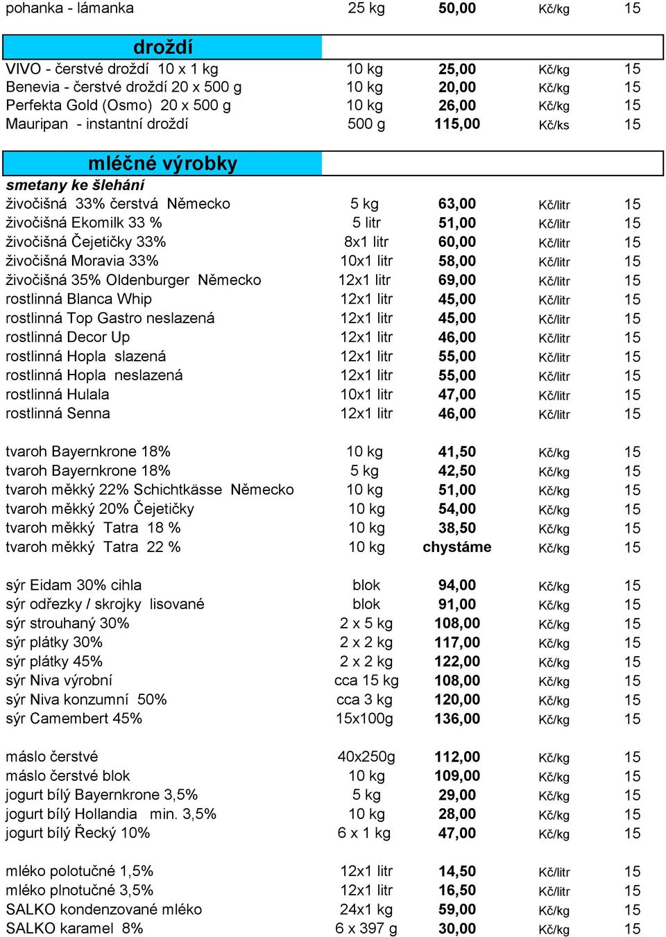 živočišná Čejetičky 33% 8x1 litr 60,00 Kč/litr 15 živočišná Moravia 33% 10x1 litr 58,00 Kč/litr 15 živočišná 35% Oldenburger Německo 12x1 litr 69,00 Kč/litr 15 rostlinná Blanca Whip 12x1 litr 45,00