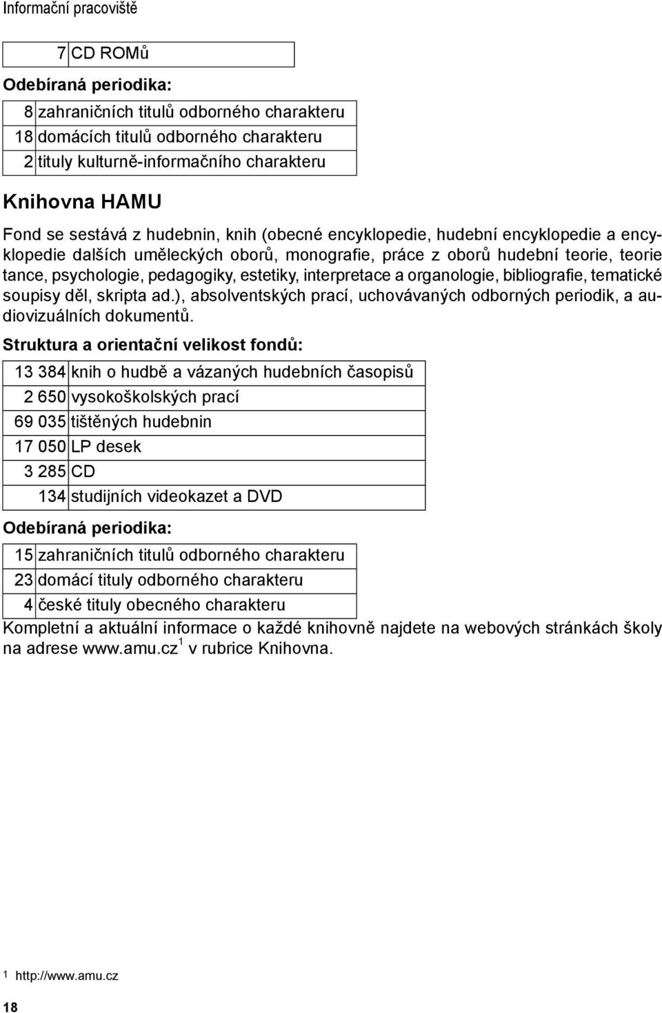 interpretace a organologie, bibliografie, tematické soupisy děl, skripta ad.), absolventských prací, uchovávaných odborných periodik, a audiovizuálních dokumentů.