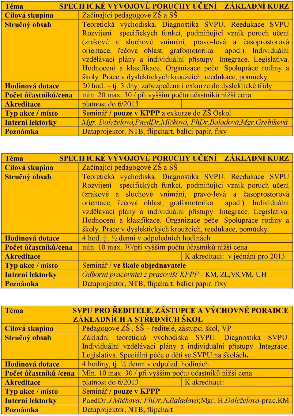 Individuální vzdělávací plány a individuální přístupy. Integrace. Legislativa. Hodnocení a klasifikace. Organizace péče. Spolupráce rodiny a školy. Práce v dyslektických kroužcích, reedukace, pomůcky.